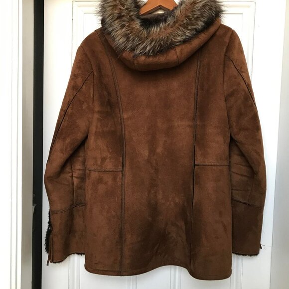 Tower by London Fog Coffee Brown Faux Small Women's Suede/Fur Hooded Coat - Picture 8 of 11